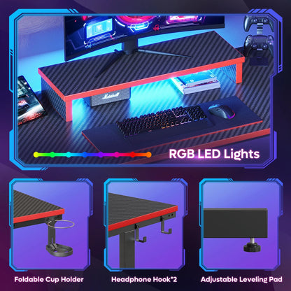 42-Inch Gaming Desk with LED Lighting and Monitor Stand in Red for PC and Office Use