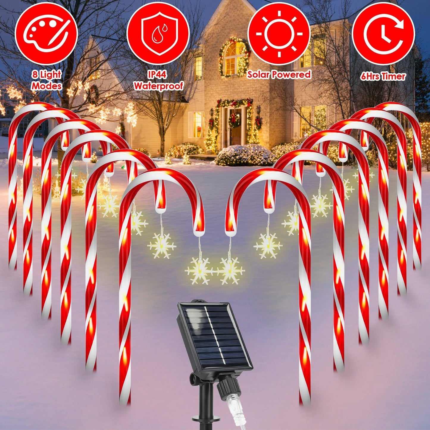 1Set Solar Christmas Candy Cane Lights With 12 Candies 72LEDs Outdoor Christmas Decorations IP44 Waterproof Flickering Pathway Markers String Lights With 8 Modes 6Hrs Timer