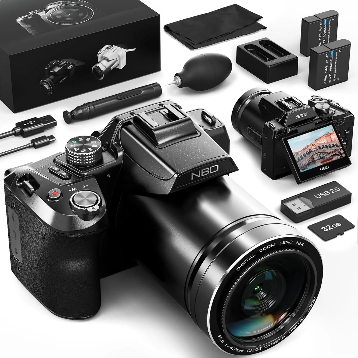4K 64MP Digital Camera with 16X Zoom and 32GB SD Card - Black
