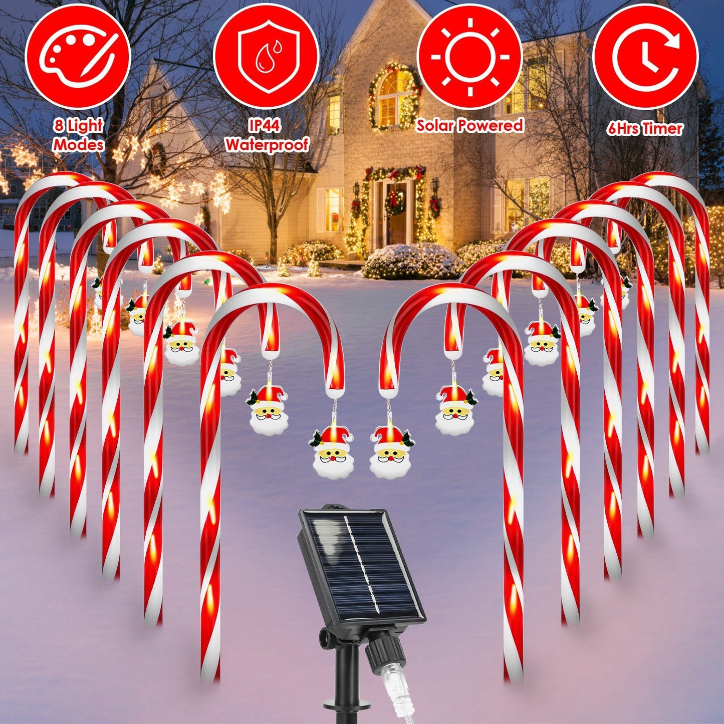 1Set Solar Christmas Candy Cane Lights With 12 Candies 72LEDs Outdoor Christmas Decorations IP44 Waterproof Flickering Pathway Markers String Lights With 8 Modes 6Hrs Timer