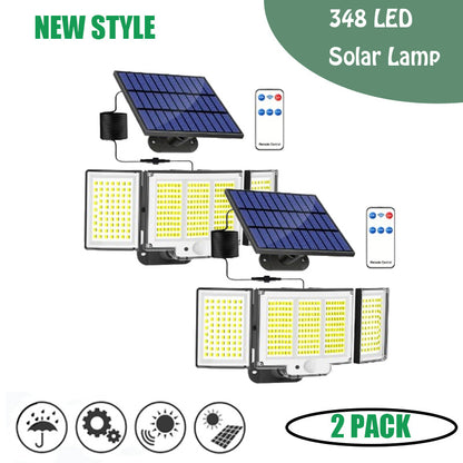 1,2 Pack Solar Lights Outdoor 348 LED Motion Sensor Lights With Remote Control  3 Head Waterproof