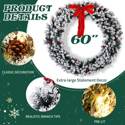 60in Pre-lit Snow Flocked Christmas Wreath, Lighted Artificial Xmas Wreath With 220 Warm White Lights And 600 PVC Tips And DIY Ornaments, For Front Door Gate Wall Xmas Party Decorations, Snowy Green