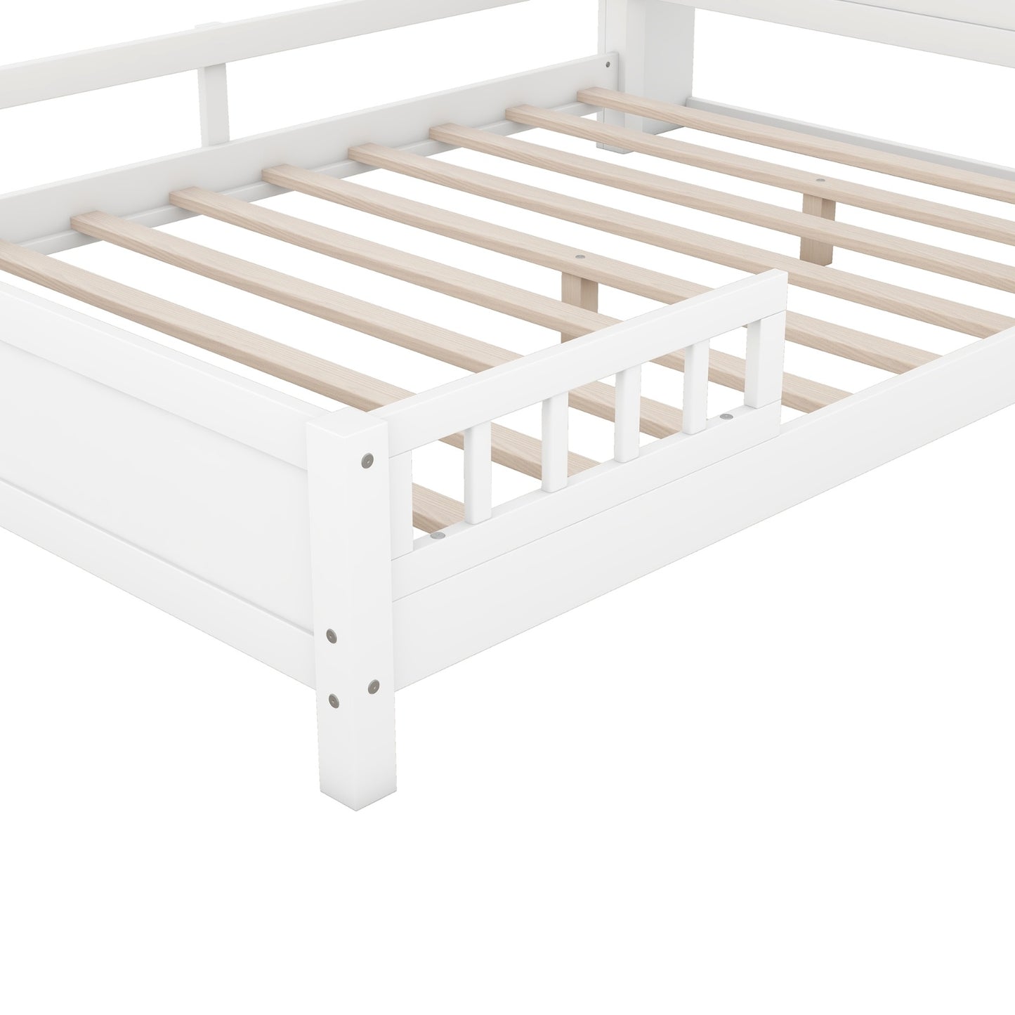 Wood Full Size Platform Bed With LED, Storage Headboard & Guardrail, White