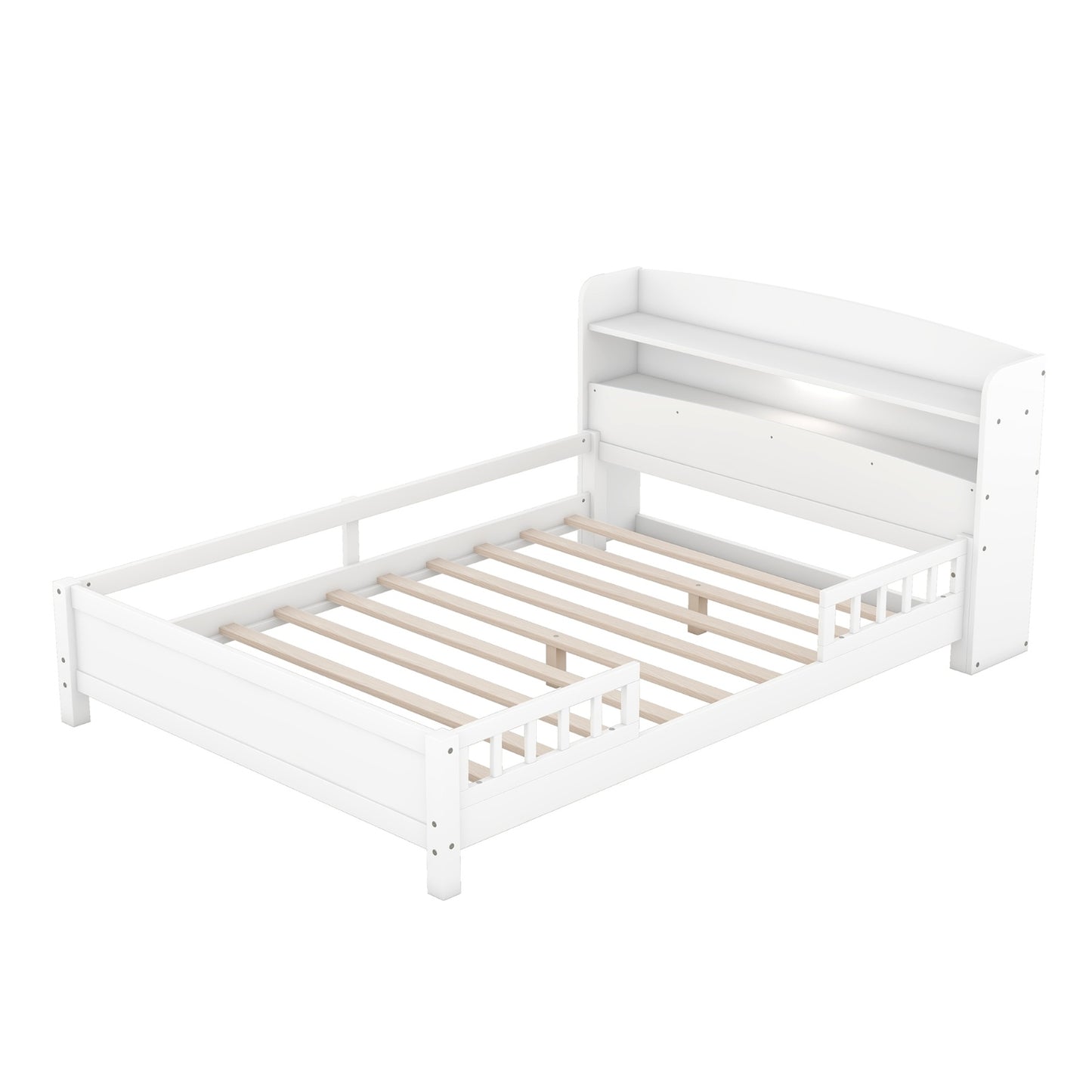 Wood Full Size Platform Bed With LED, Storage Headboard & Guardrail, White