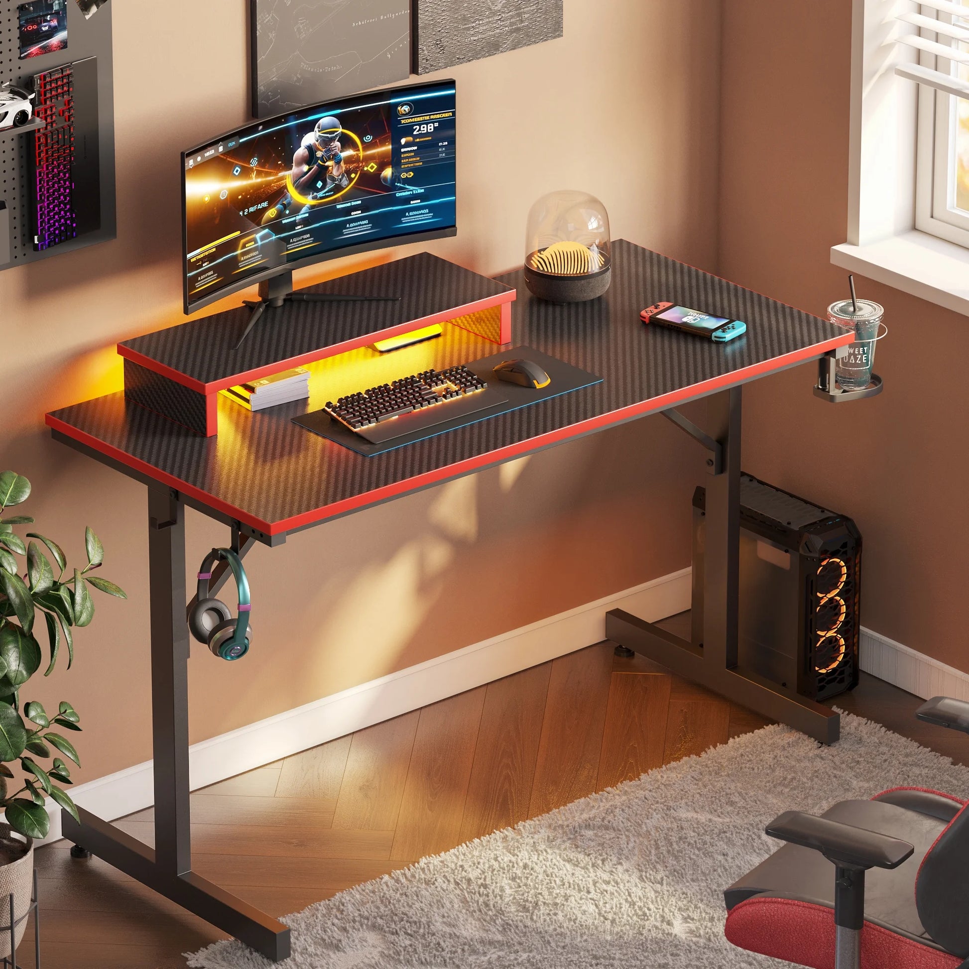 42-Inch Gaming Desk with LED Lighting and Monitor Stand in Red for PC and Office Use