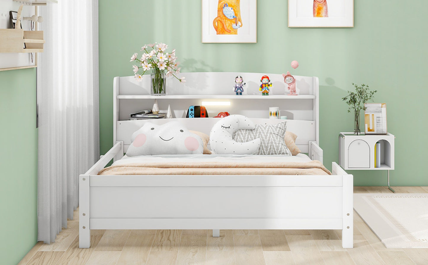 Wood Full Size Platform Bed With LED, Storage Headboard & Guardrail, White