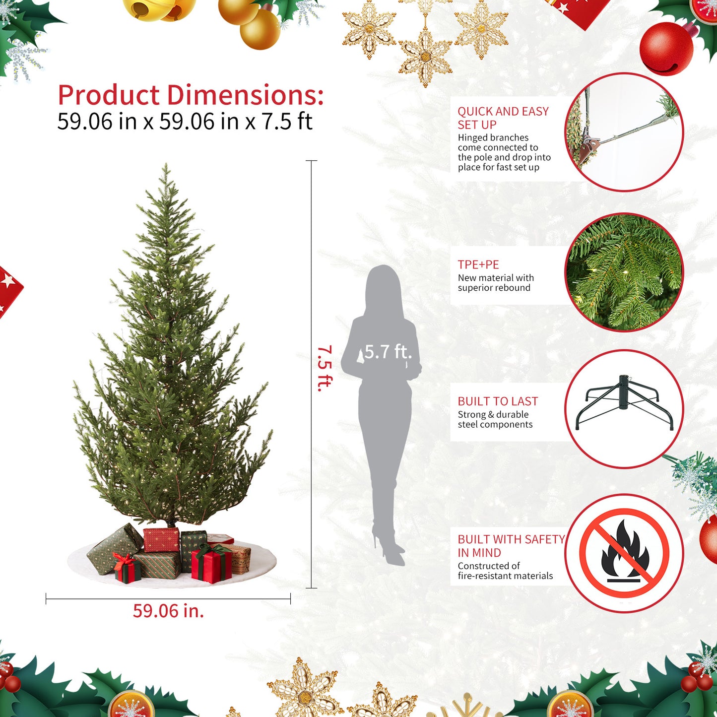Aspen Slim Fir 7.5ft Christmas Tree Pre-Lit Artificial With 4,570 Branch Tips & 1,555 Low-Voltage Warm LED Lights, Foldable Stand & Realistic Flame-Resistant Branches