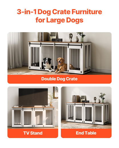 72" Dog Crate Furniture For 2 Dogs, Double Dog Crate Furniture With Double Sliding Doors, Large Dog Crate TV Stand With Removable Tray, Steel Frame Double Dog Crate For Small, Medium, Large Dogs White