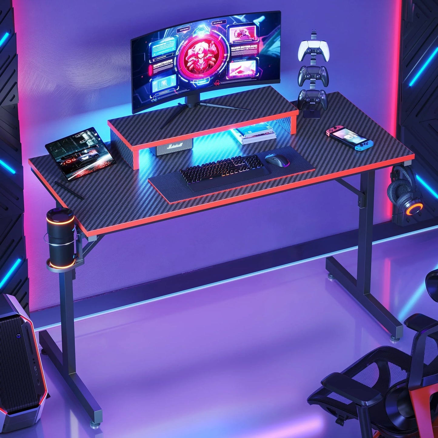 42-Inch Gaming Desk with LED Lighting and Monitor Stand in Red for PC and Office Use