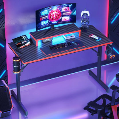 42-Inch Gaming Desk with LED Lighting and Monitor Stand in Red for PC and Office Use