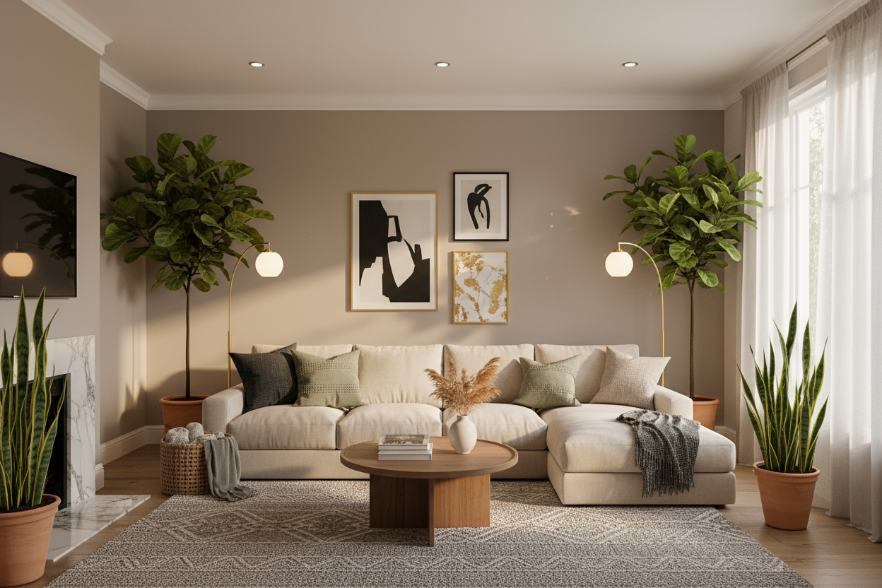 A cozy, well-lit living space with elegant décor — maybe a soft couch, plants, and warm lighting — giving off comfort and sophistication.