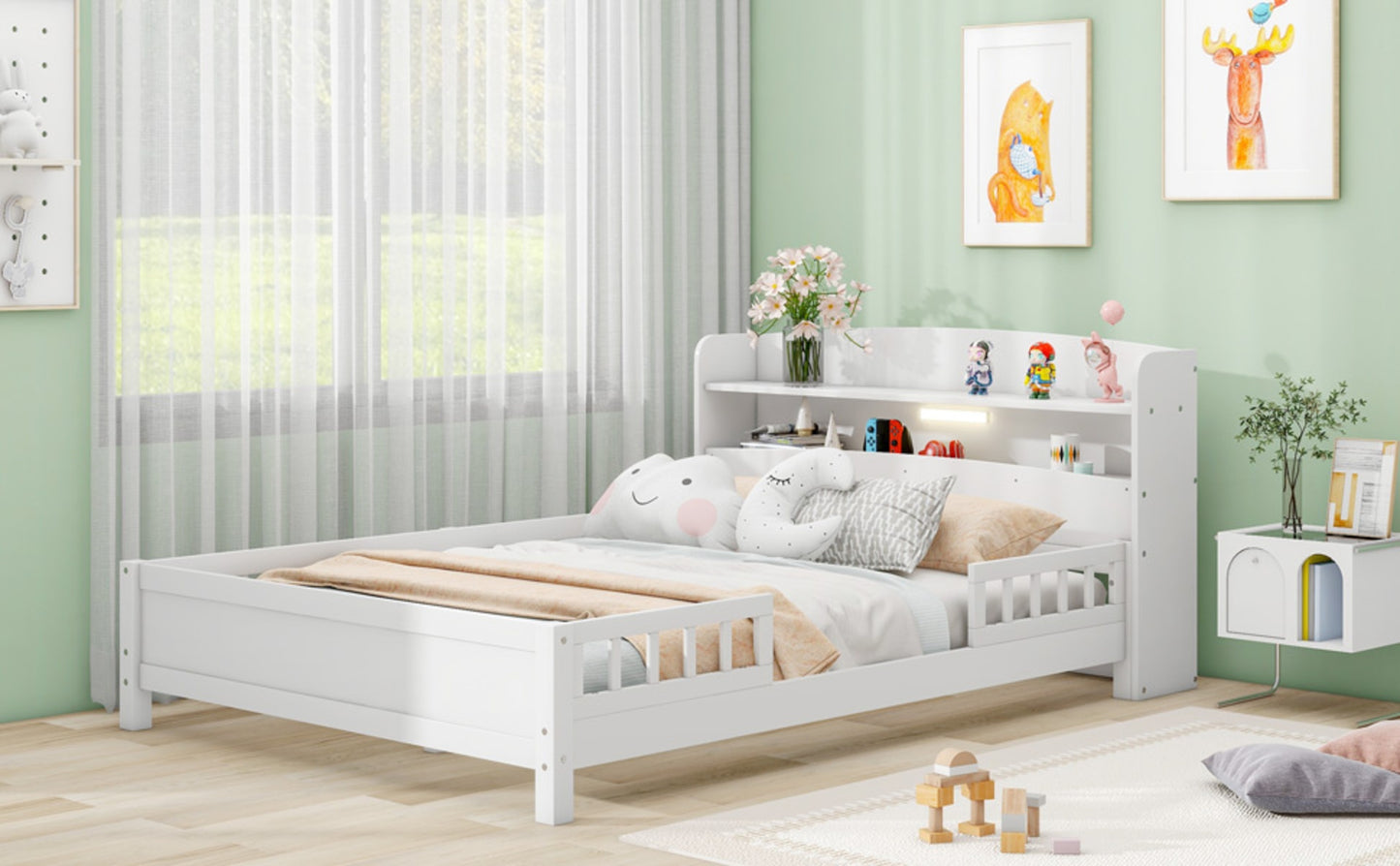 Wood Full Size Platform Bed With LED, Storage Headboard & Guardrail, White