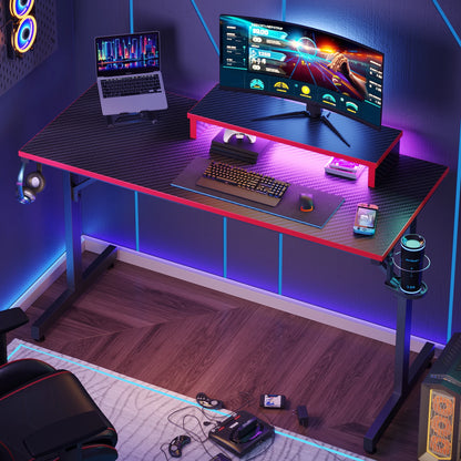 42-Inch Gaming Desk with LED Lighting and Monitor Stand in Red for PC and Office Use