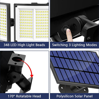 1,2 Pack Solar Lights Outdoor 348 LED Motion Sensor Lights With Remote Control  3 Head Waterproof