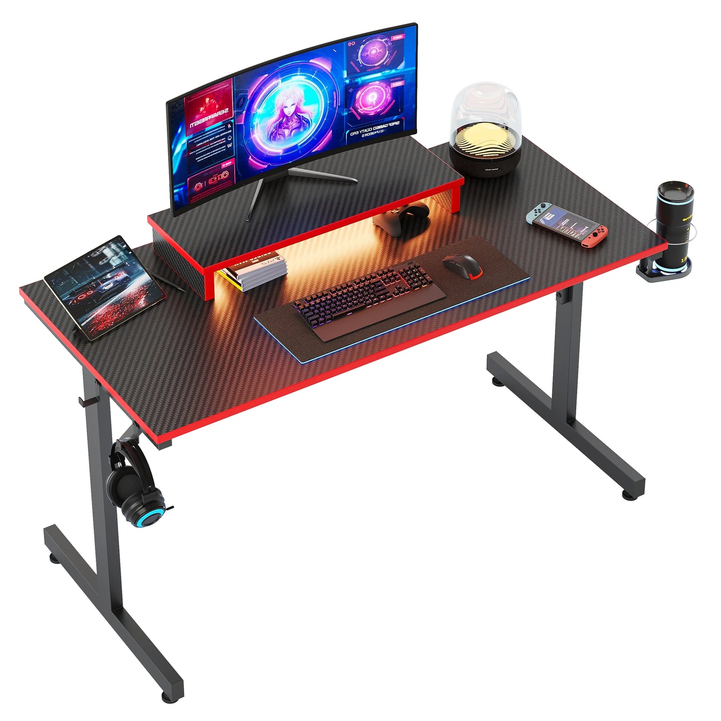 42-Inch Gaming Desk with LED Lighting and Monitor Stand in Red for PC and Office Use