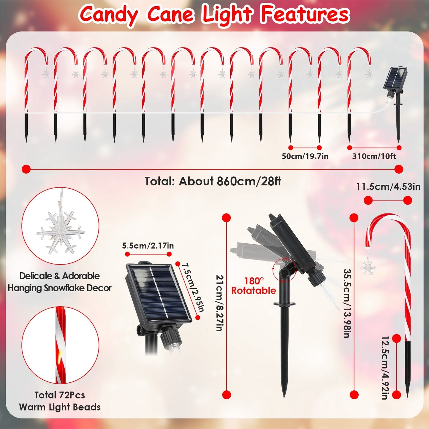 1Set Solar Christmas Candy Cane Lights With 12 Candies 72LEDs Outdoor Christmas Decorations IP44 Waterproof Flickering Pathway Markers String Lights With 8 Modes 6Hrs Timer
