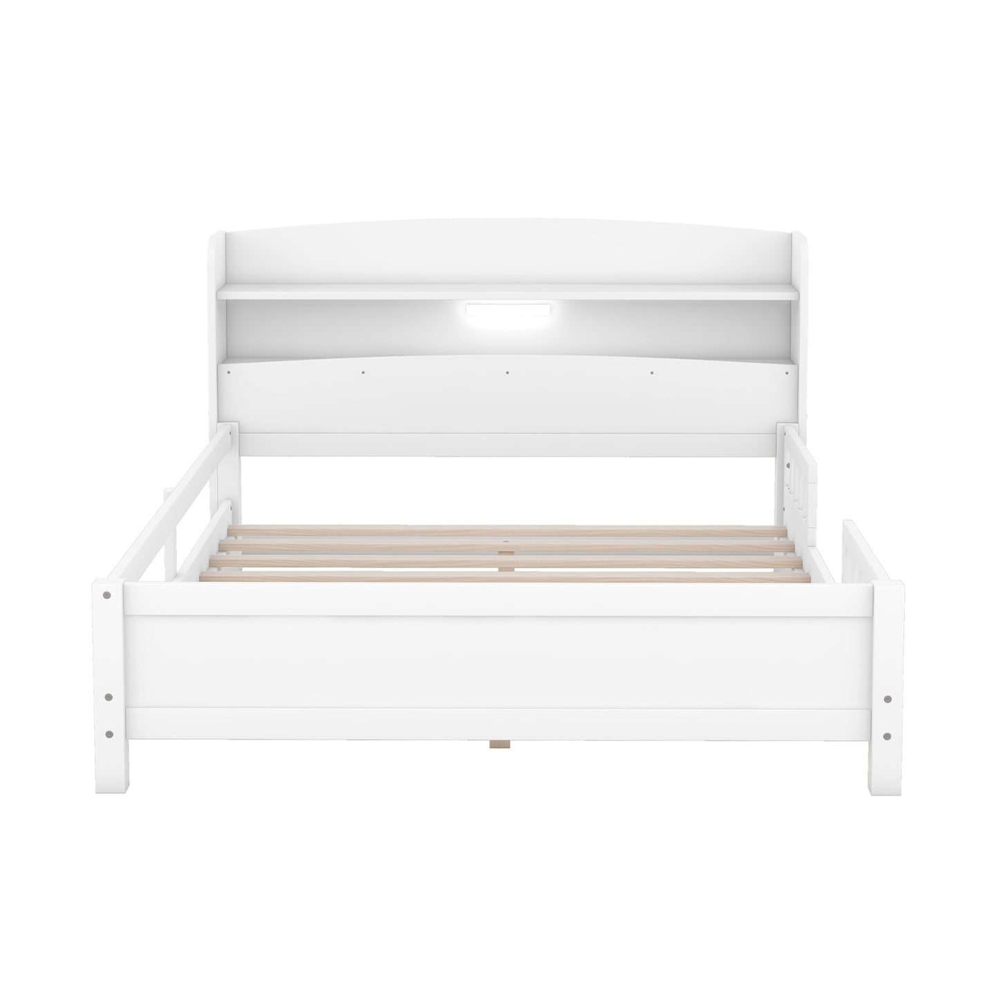 Wood Full Size Platform Bed With LED, Storage Headboard & Guardrail, White