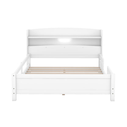 Wood Full Size Platform Bed With LED, Storage Headboard & Guardrail, White