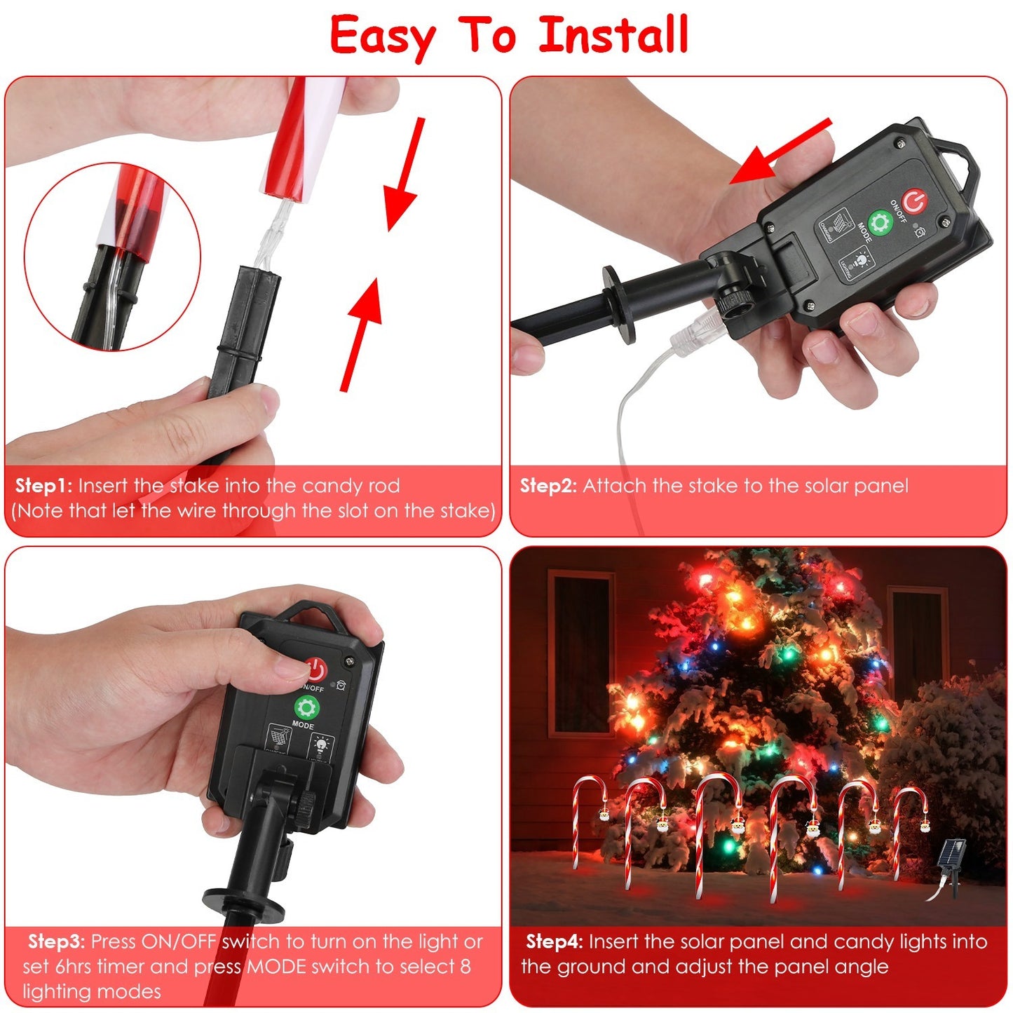 1Set Solar Christmas Candy Cane Lights With 12 Candies 72LEDs Outdoor Christmas Decorations IP44 Waterproof Flickering Pathway Markers String Lights With 8 Modes 6Hrs Timer