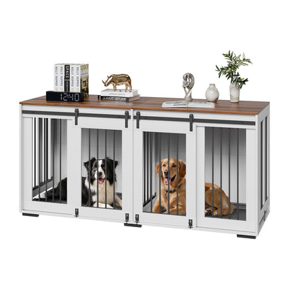 72" Dog Crate Furniture For 2 Dogs, Double Dog Crate Furniture With Double Sliding Doors, Large Dog Crate TV Stand With Removable Tray, Steel Frame Double Dog Crate For Small, Medium, Large Dogs White